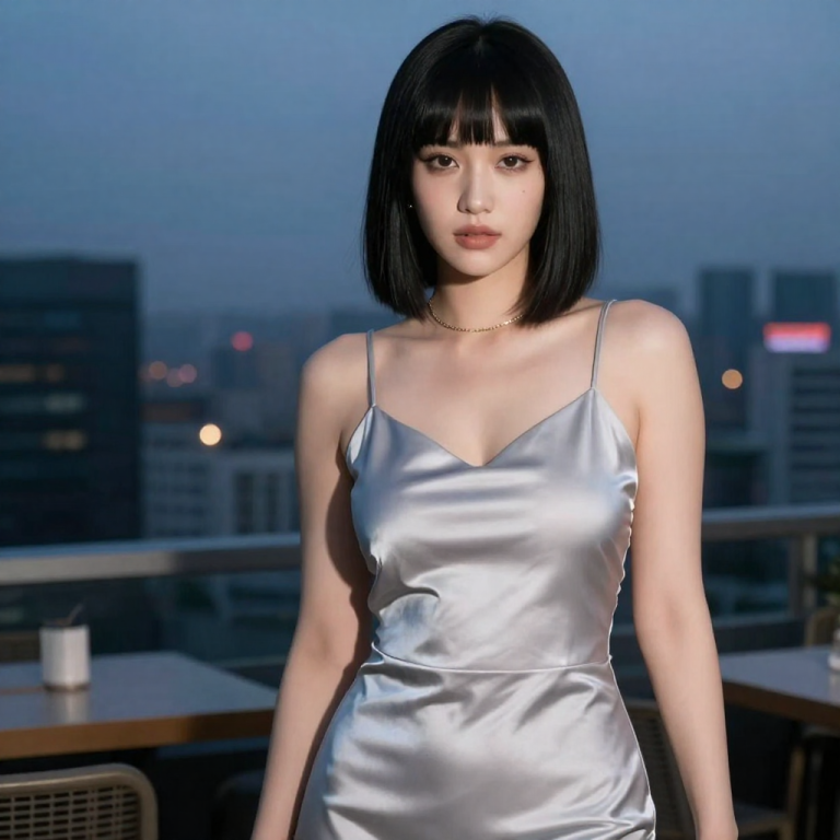 AI-generated portrait of a fictional adult woman in a silver satin slip dress standing in a rooftop lounge at dusk, produced with BioWiz