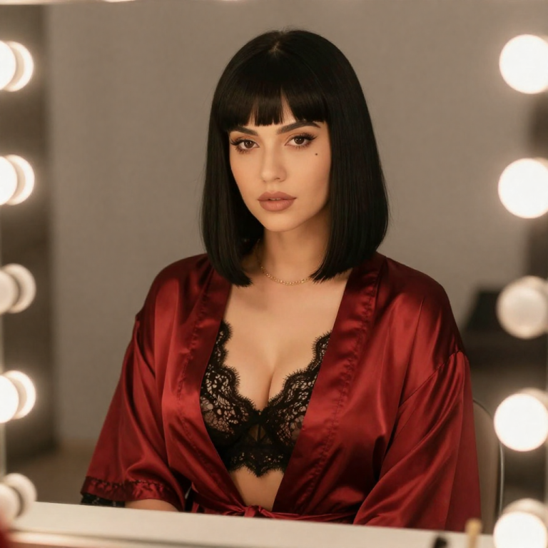 AI-generated portrait of a fictional adult woman in a red silk robe over black lace seated at a vanity mirror with warm bulbs, produced with BioWiz